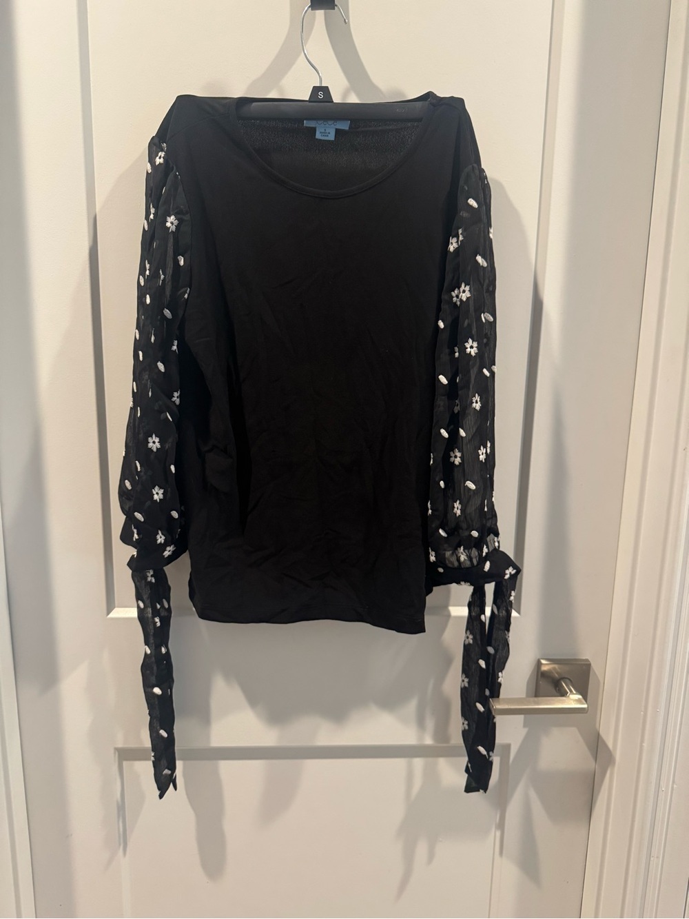 CeCe Black Long-Sleeve Top with Sheer Floral Tie Sleeves
